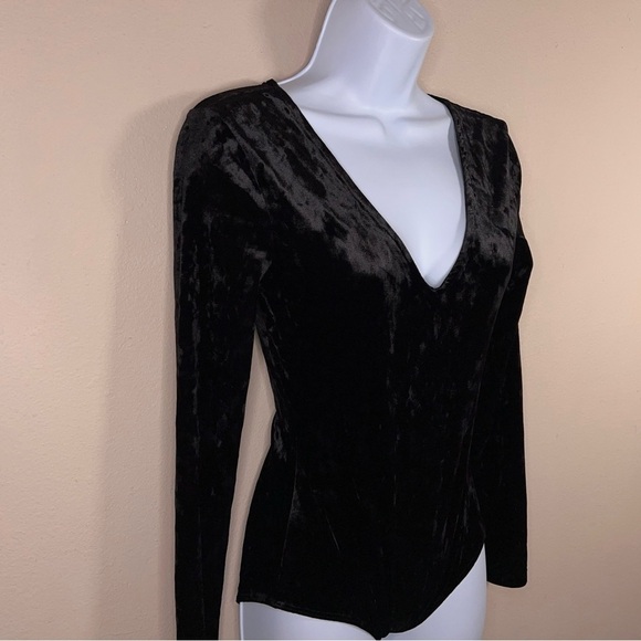 SMALL DIVIDED BLACK VELVET BODYSUIT LONG SLEEVE VNECK GOTH - Picture 4 of 12